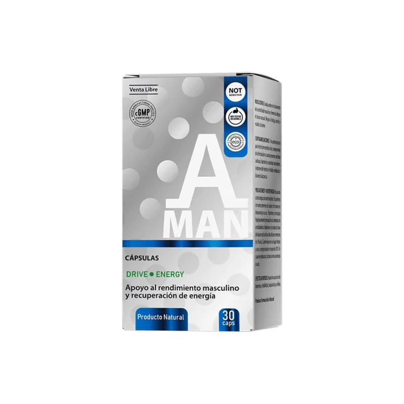A-Man — frasco y caja del complemento natural, 30 cápsulas